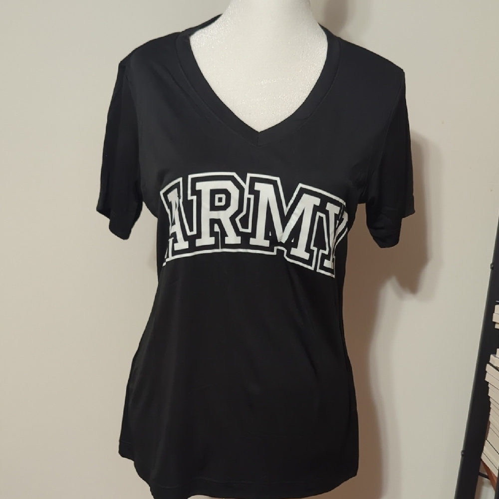 Women's Black V-Neck Tee with Bold Lettering
